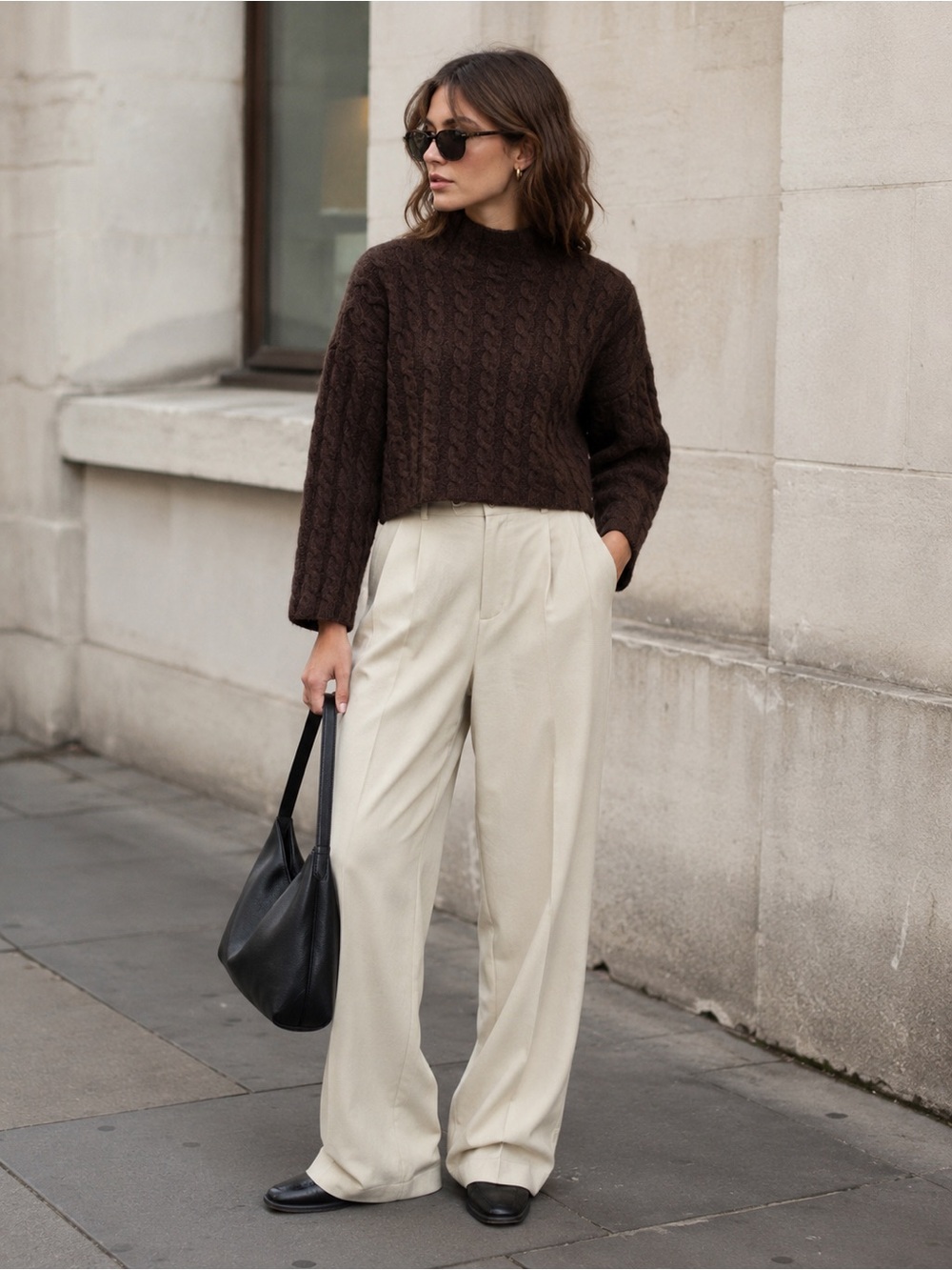 COS Chocolate Brown Cable Knit Yak Wool Blend Cropped Mock Neck Sweater L